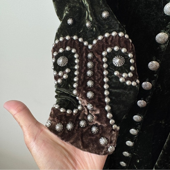 Vintage Double D Ranch Green Velvet Maxi Dress Western Pearl Snap Studded XS - Picture 9 of 16